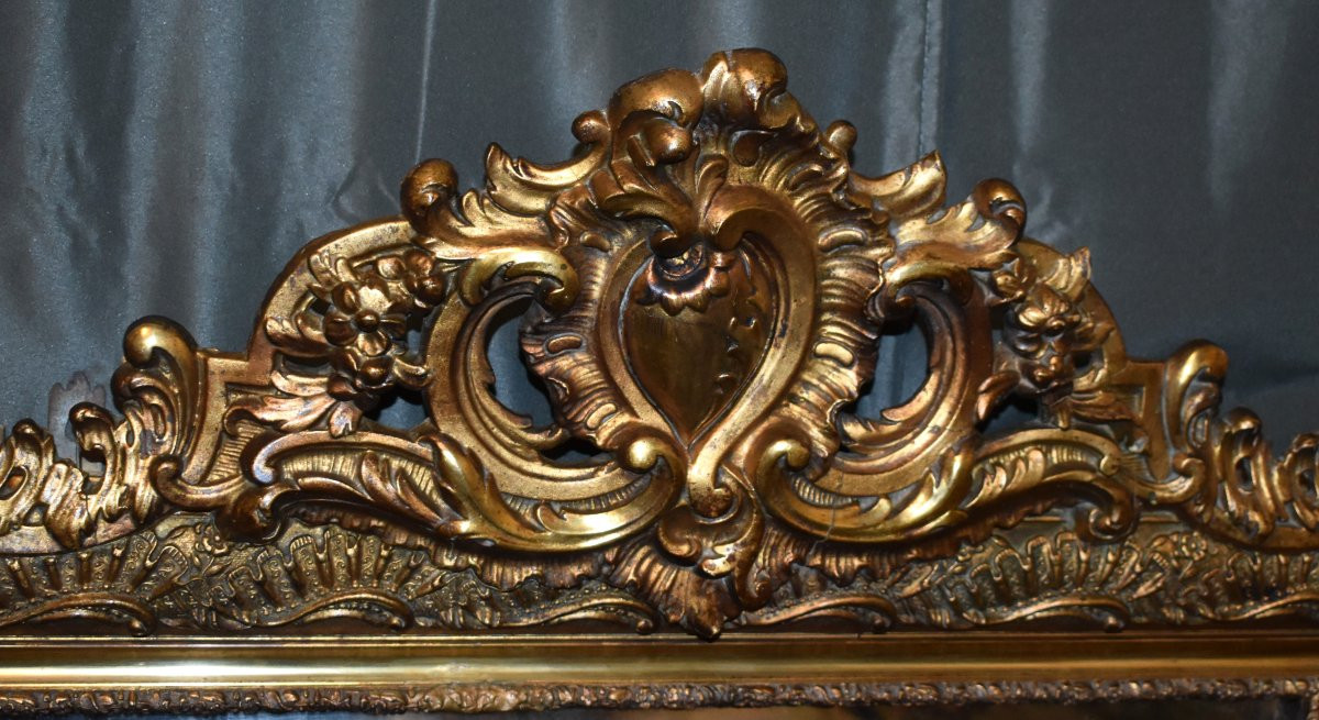 Large Louis XV Style Pediment Mirror, Napoleon III Period, Wooden And Gilded Stucco Mirror   -photo-1