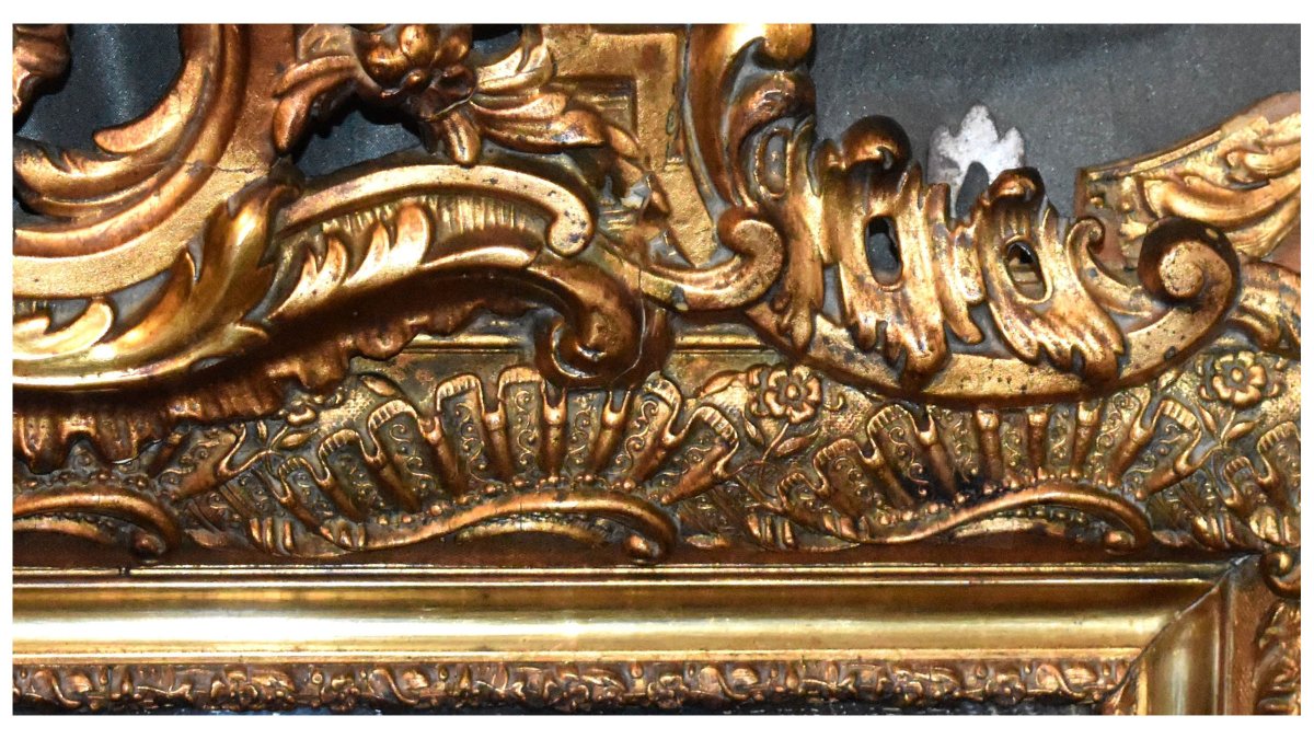 Large Louis XV Style Pediment Mirror, Napoleon III Period, Wooden And Gilded Stucco Mirror   -photo-2