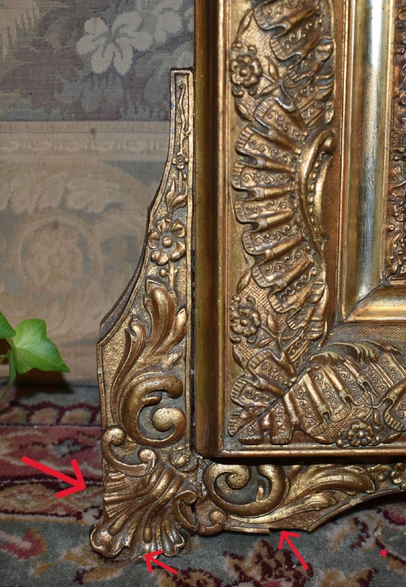 Large Louis XV Style Pediment Mirror, Napoleon III Period, Wooden And Gilded Stucco Mirror   -photo-8