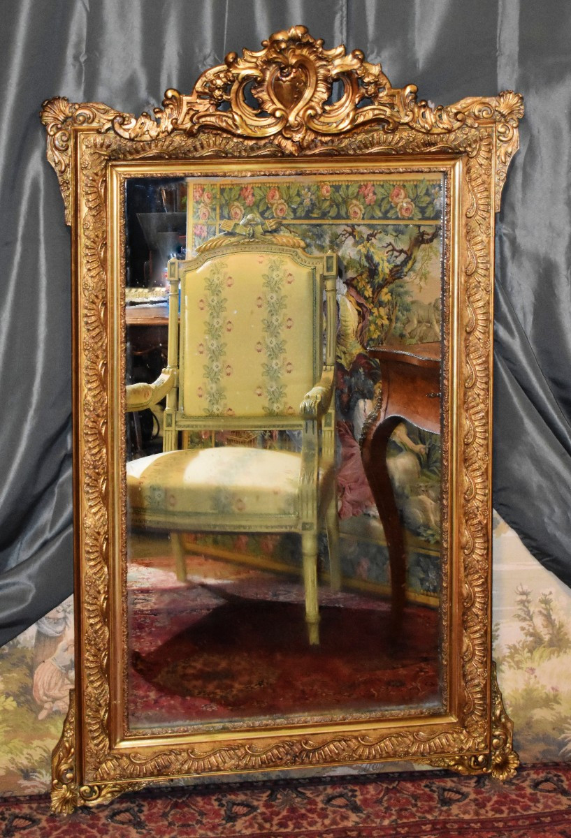 Large Louis XV Style Pediment Mirror, Napoleon III Period, Wooden And Gilded Stucco Mirror   