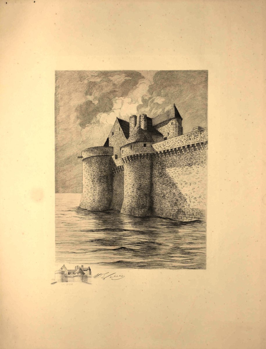 Henri Voisin, eau forte du Mont saint Michel , tour du roi et de l'arcade, digue à marée  haute-photo-2