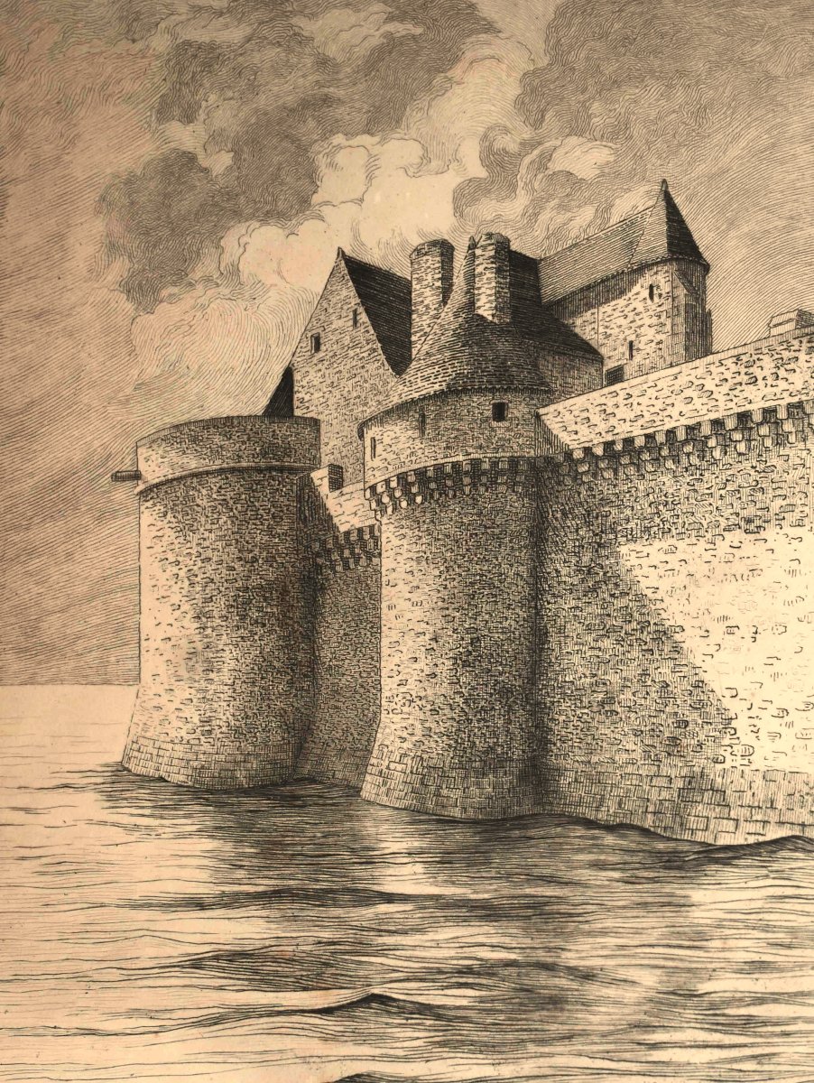 Henri Voisin, eau forte du Mont saint Michel , tour du roi et de l'arcade, digue à marée  haute-photo-3