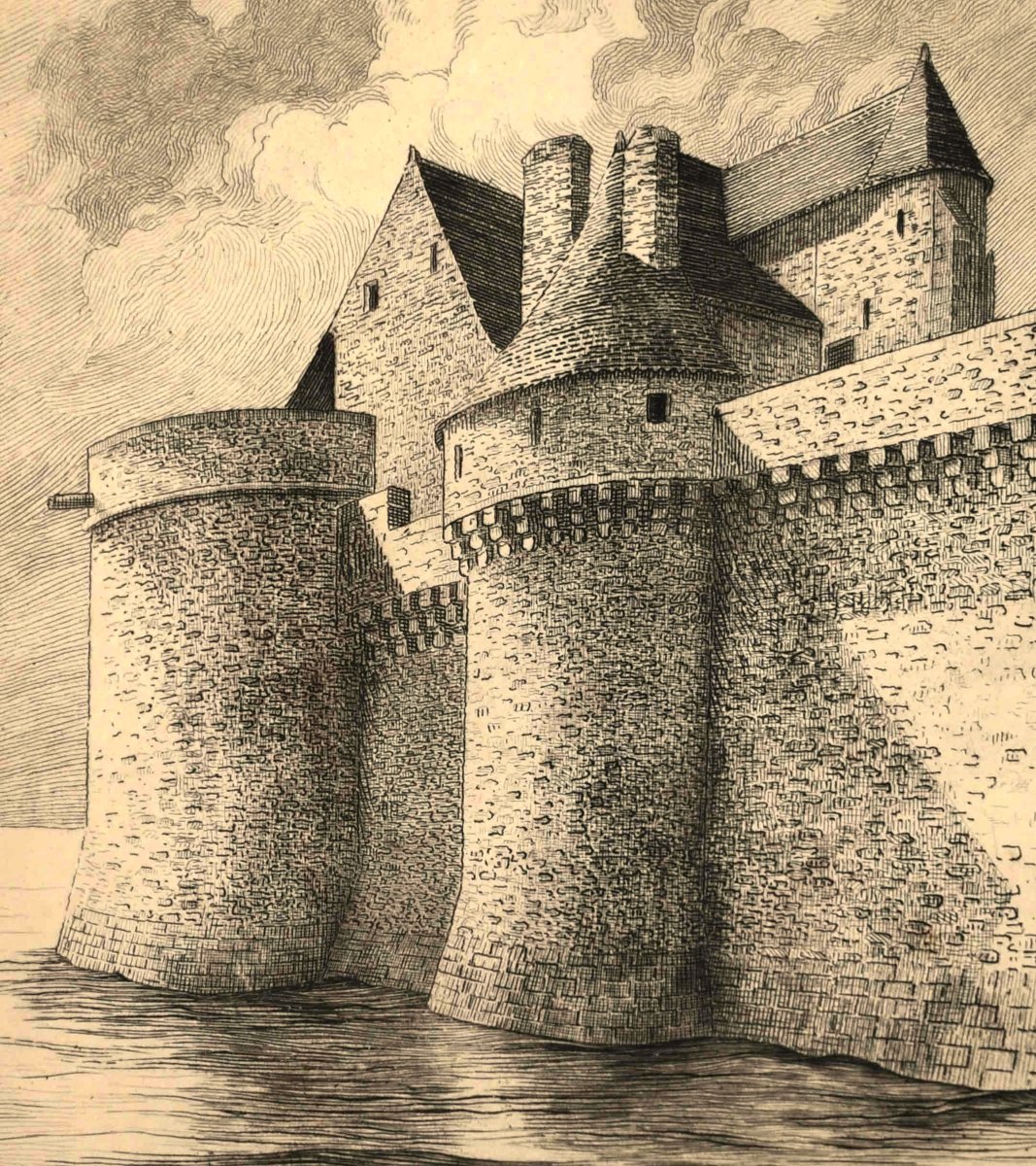 Henri Voisin, eau forte du Mont saint Michel , tour du roi et de l'arcade, digue à marée  haute-photo-4