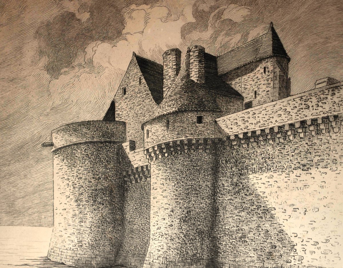 Henri Voisin, eau forte du Mont saint Michel , tour du roi et de l'arcade, digue à marée  haute-photo-1