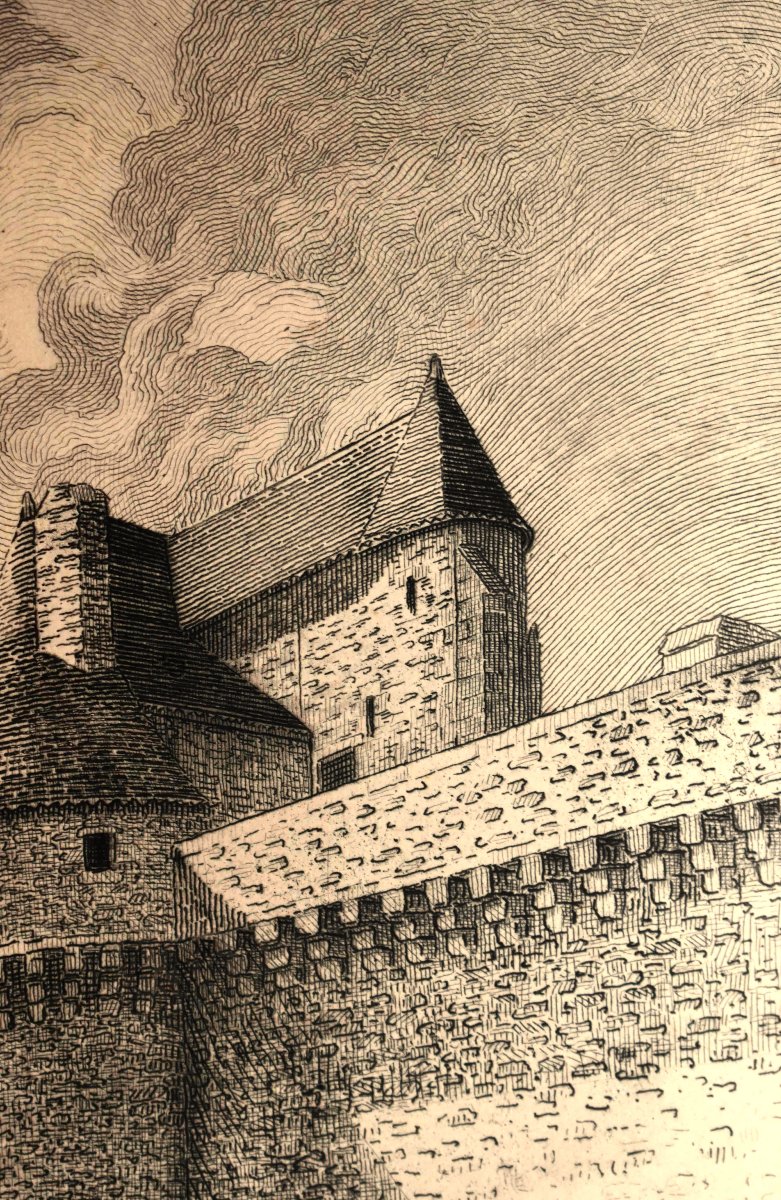 Henri Voisin, eau forte du Mont saint Michel , tour du roi et de l'arcade, digue à marée  haute-photo-2