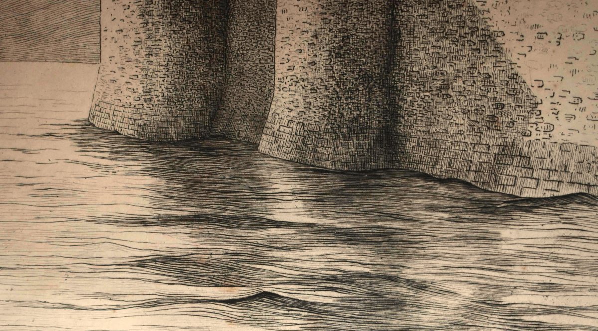 Henri Voisin, eau forte du Mont saint Michel , tour du roi et de l'arcade, digue à marée  haute-photo-3