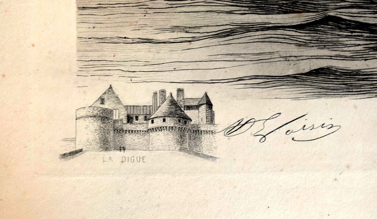 Henri Voisin, eau forte du Mont saint Michel , tour du roi et de l'arcade, digue à marée  haute-photo-4