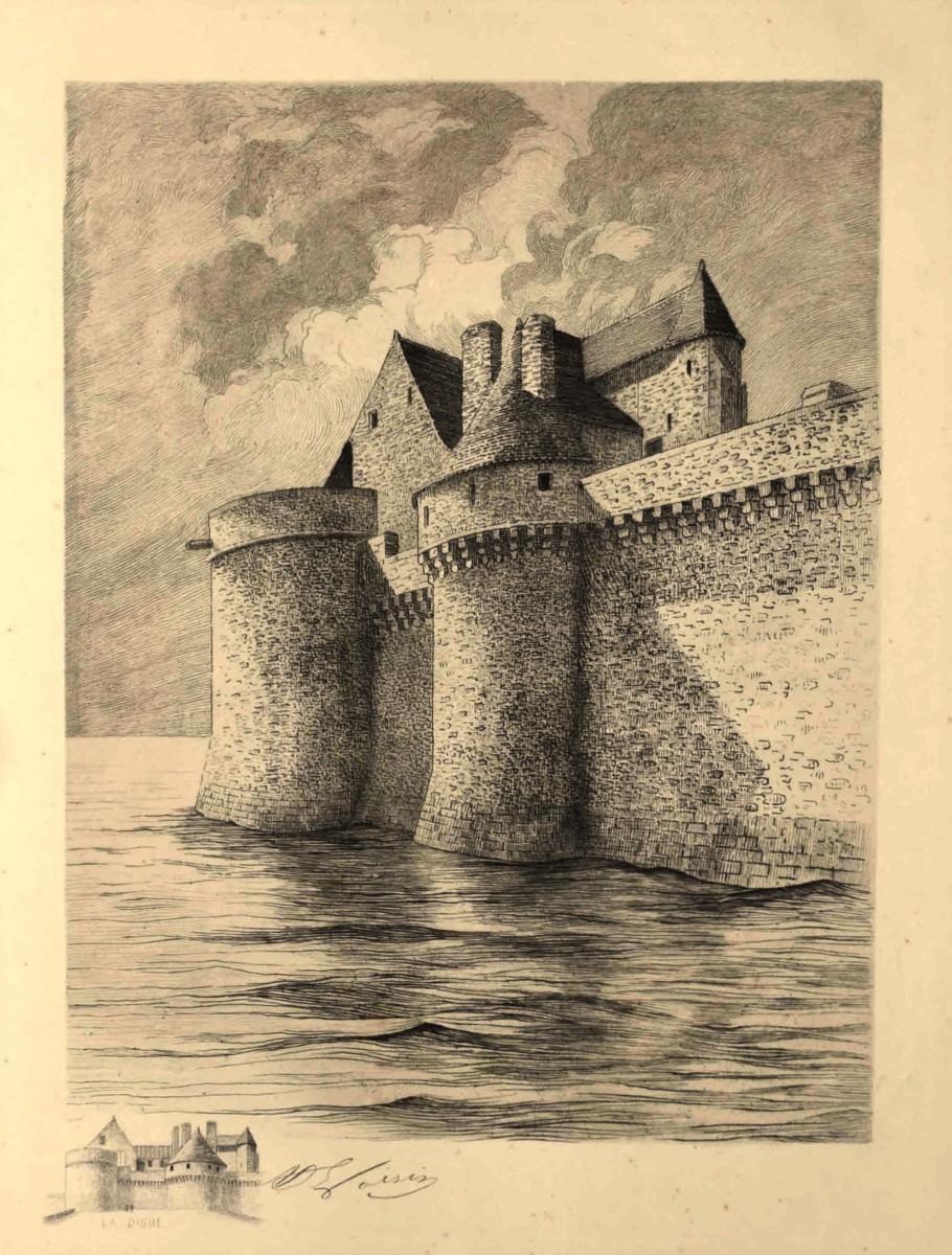 Henri Voisin, eau forte du Mont saint Michel , tour du roi et de l'arcade, digue à marée  haute