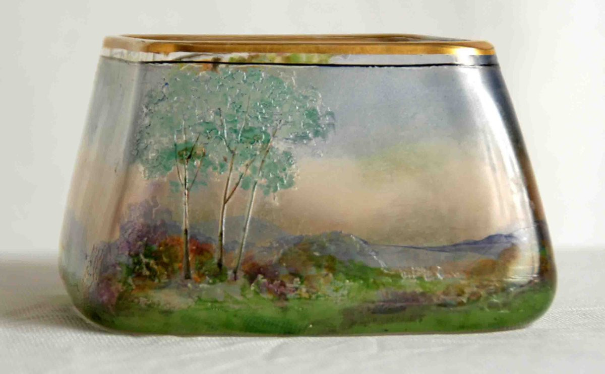 Art Nouveau Style Bowl Or Trinket Dish In Acid-etched Glass Paste, Depicting A Landscape And Ducks-photo-3