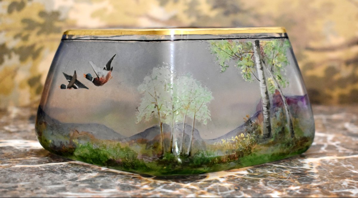 Art Nouveau Style Bowl Or Trinket Dish In Acid-etched Glass Paste, Depicting A Landscape And Ducks-photo-1