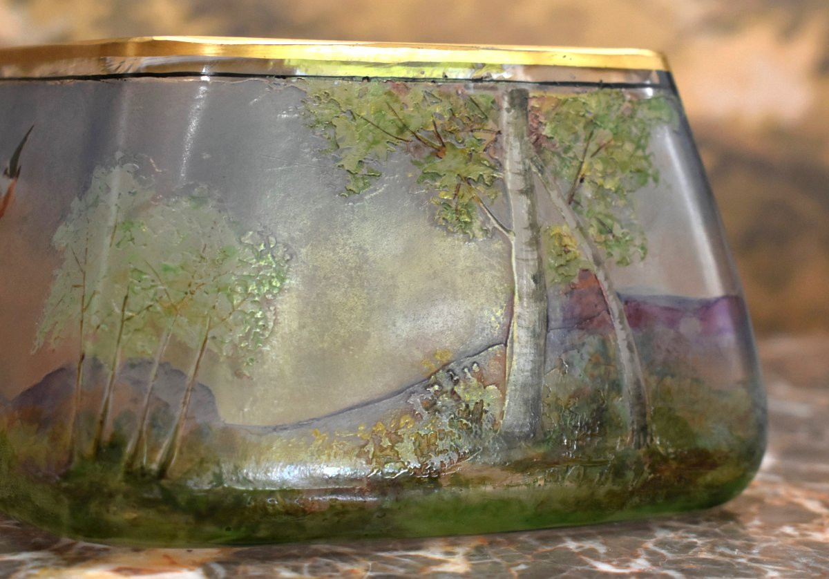 Art Nouveau Style Bowl Or Trinket Dish In Acid-etched Glass Paste, Depicting A Landscape And Ducks-photo-3