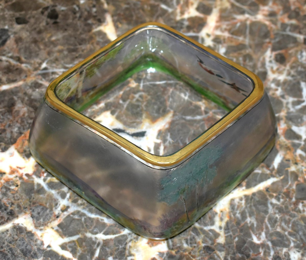 Art Nouveau Style Bowl Or Trinket Dish In Acid-etched Glass Paste, Depicting A Landscape And Ducks-photo-6