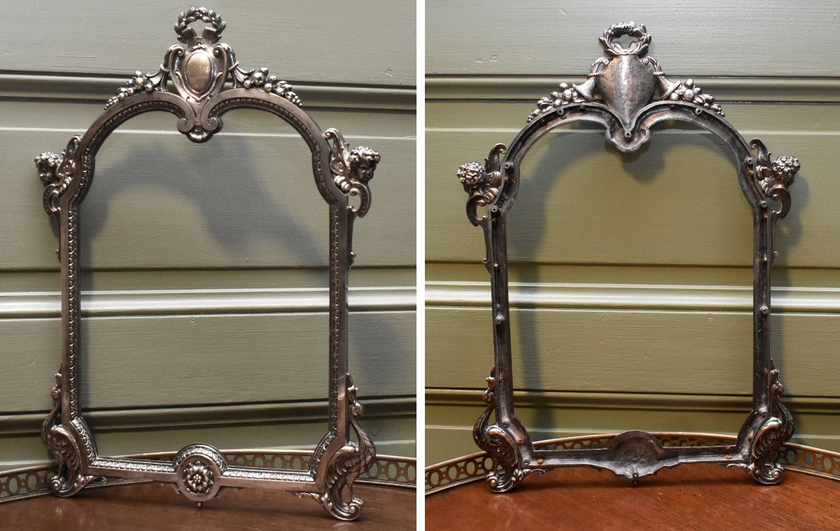 Maison Giroux Paris , cadre à poser  en bronze argenté style néo-gothique , époque NIII , XIXe-photo-3