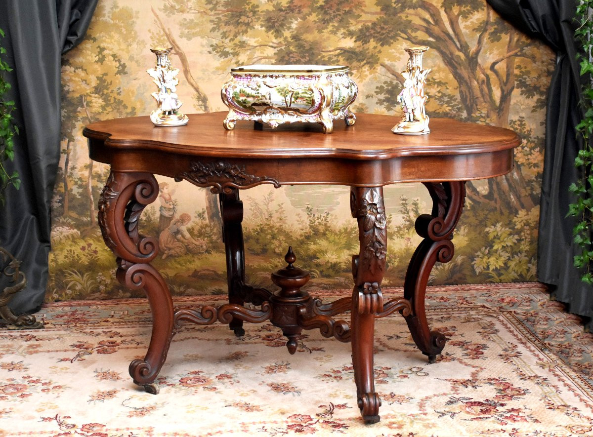 Guéridon en acajou, 4 pieds galbés,  époque Napoléon III, table de salon de milieu XIXe -photo-2