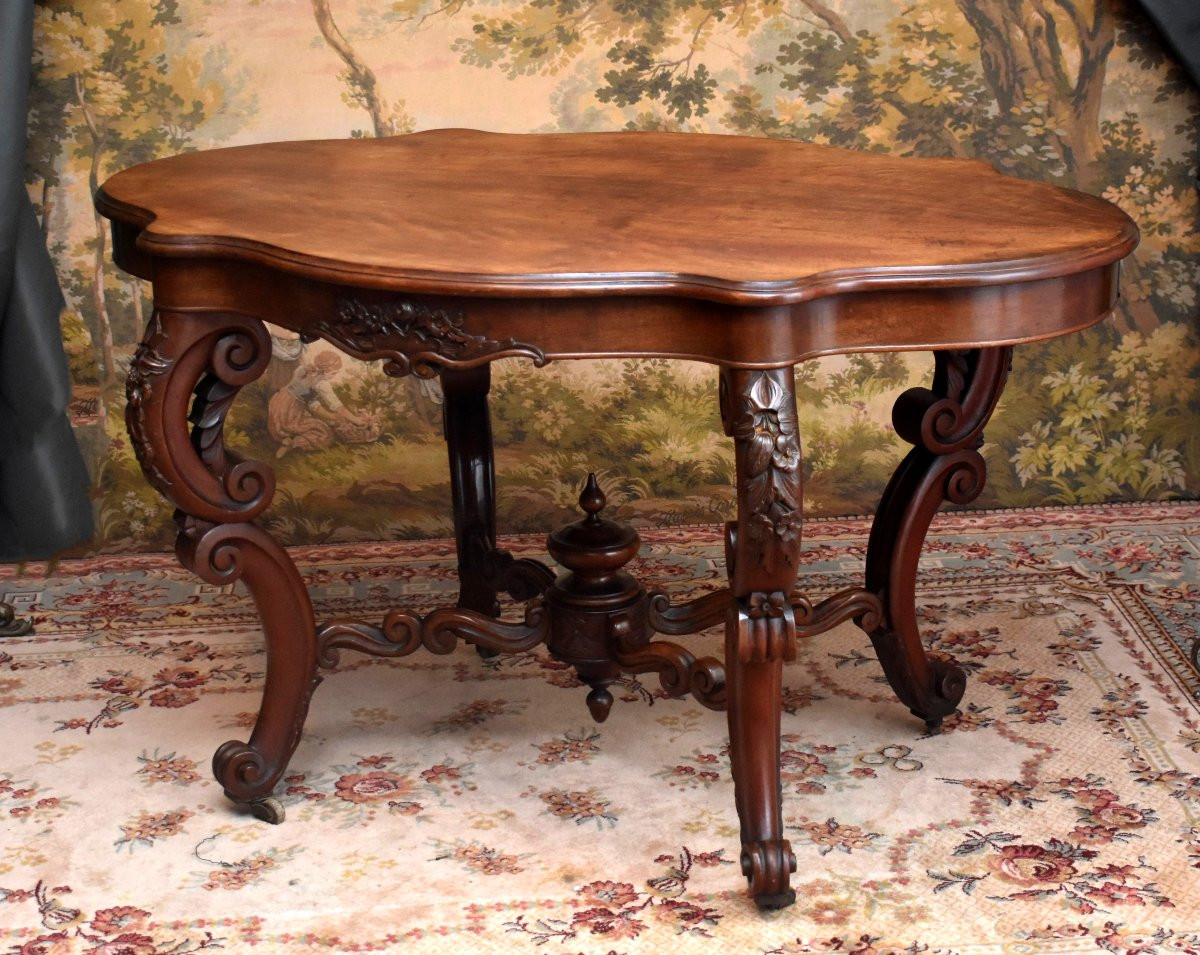 Guéridon en acajou, 4 pieds galbés,  époque Napoléon III, table de salon de milieu XIXe -photo-4