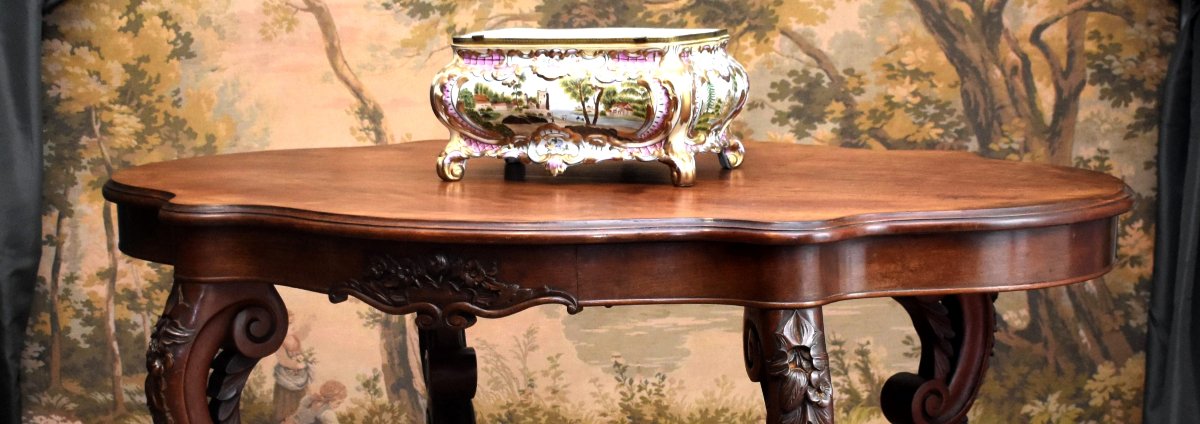 Guéridon en acajou, 4 pieds galbés,  époque Napoléon III, table de salon de milieu XIXe -photo-1