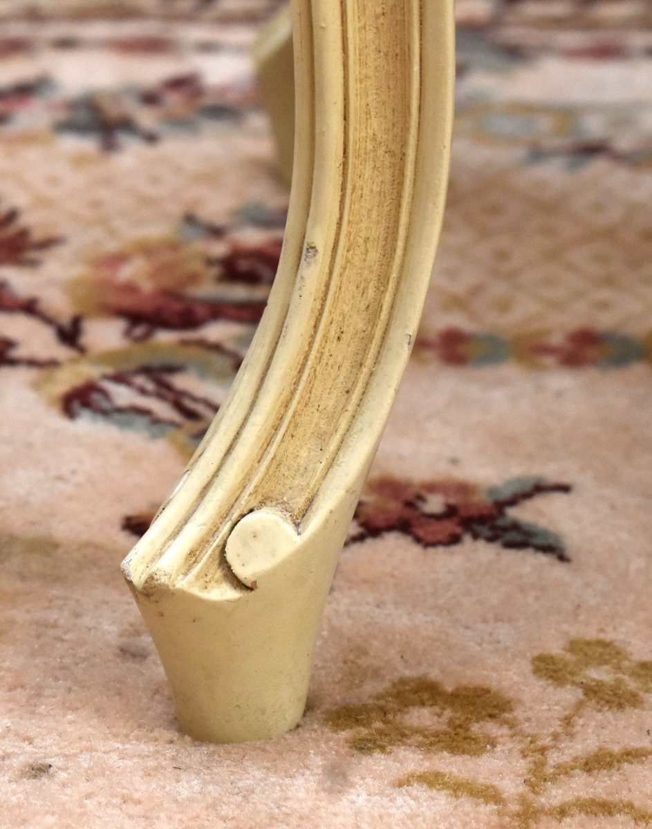 Tabouret De Style Louis XV En Bois Laqué Blanc Cassé,  Tissu Velours Gaufré, Bout De Pied Peint-photo-3