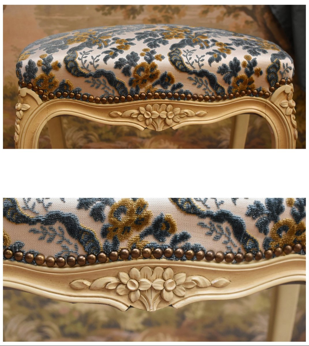 Tabouret De Style Louis XV En Bois Laqué Blanc Cassé,  Tissu Velours Gaufré, Bout De Pied Peint-photo-5