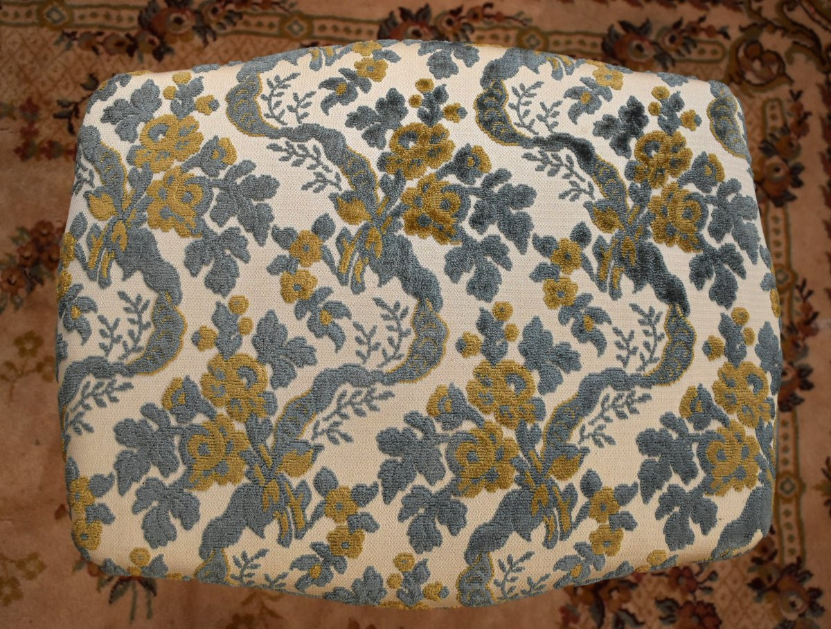 Tabouret De Style Louis XV En Bois Laqué Blanc Cassé,  Tissu Velours Gaufré, Bout De Pied Peint-photo-7