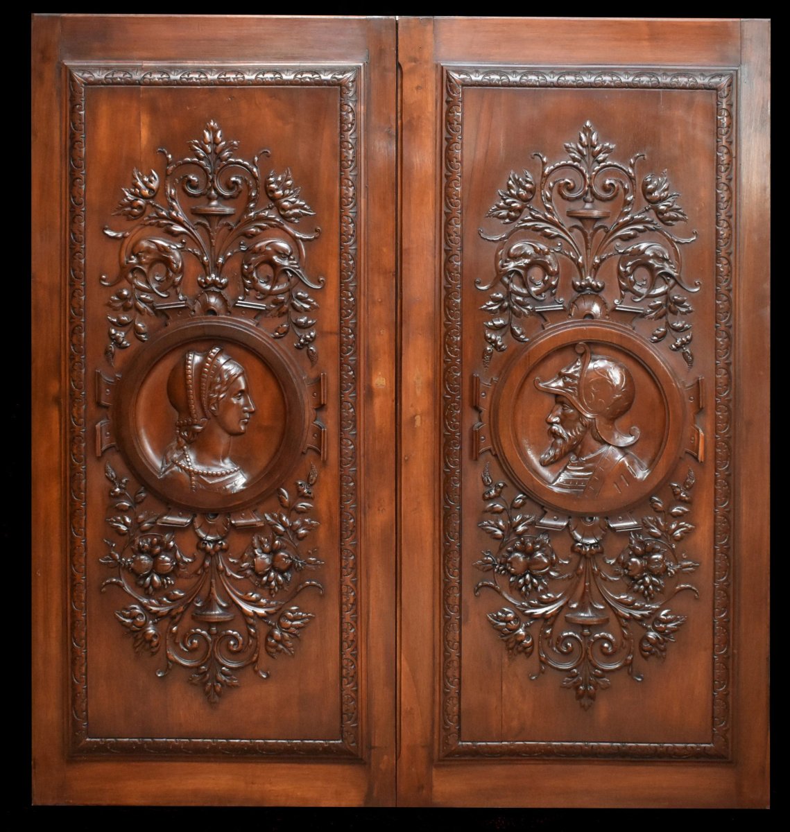 Pair Of Renaissance-style Carved Panels, Cupboard Doors, 19th-century Woodwork Elements-photo-3