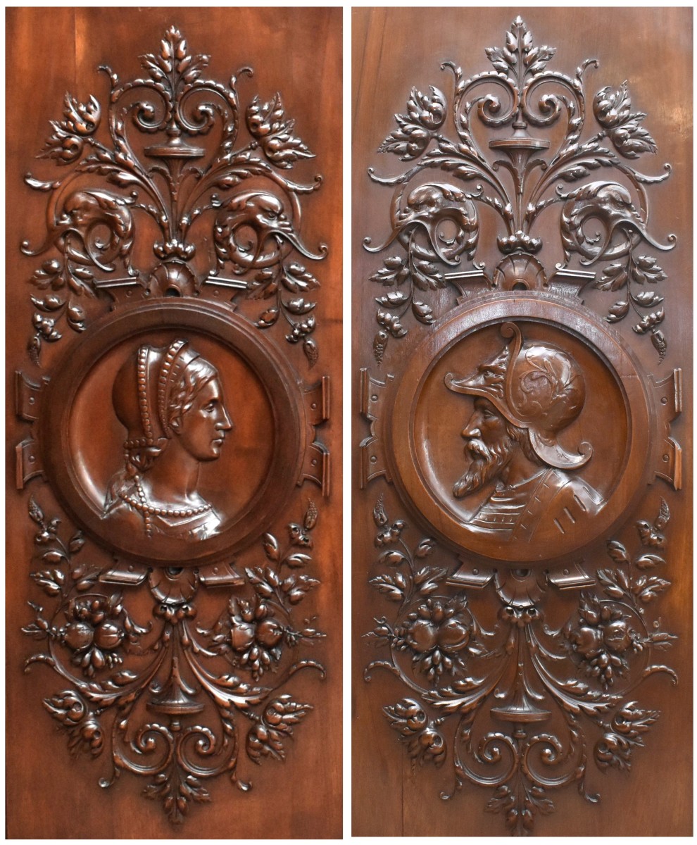 Pair Of Renaissance-style Carved Panels, Cupboard Doors, 19th-century Woodwork Elements