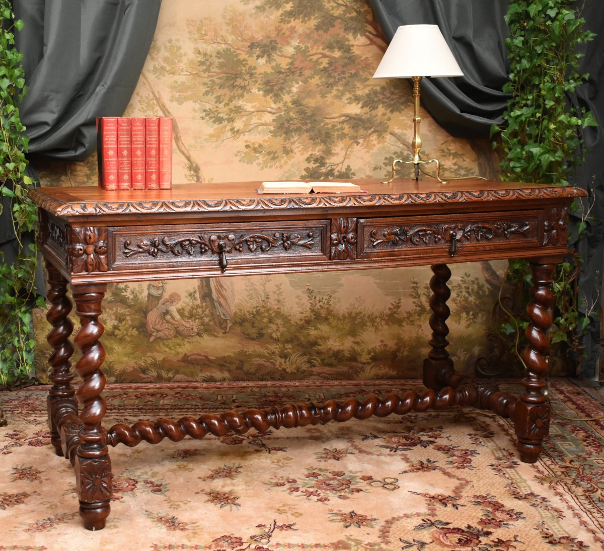 Bureau De Style Louis XIII à Pieds Torsades En Chêne Massif, Table De Milieu , XIXème Siècle-photo-2