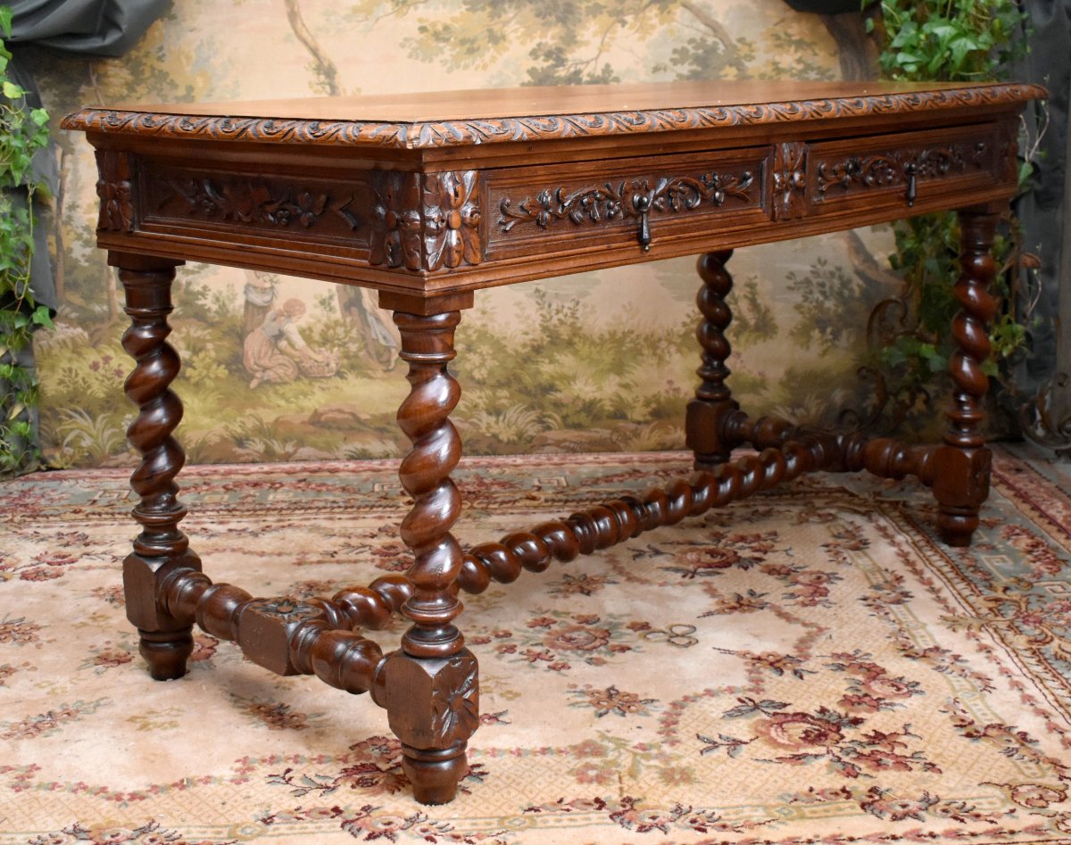 Bureau De Style Louis XIII à Pieds Torsades En Chêne Massif, Table De Milieu , XIXème Siècle-photo-4