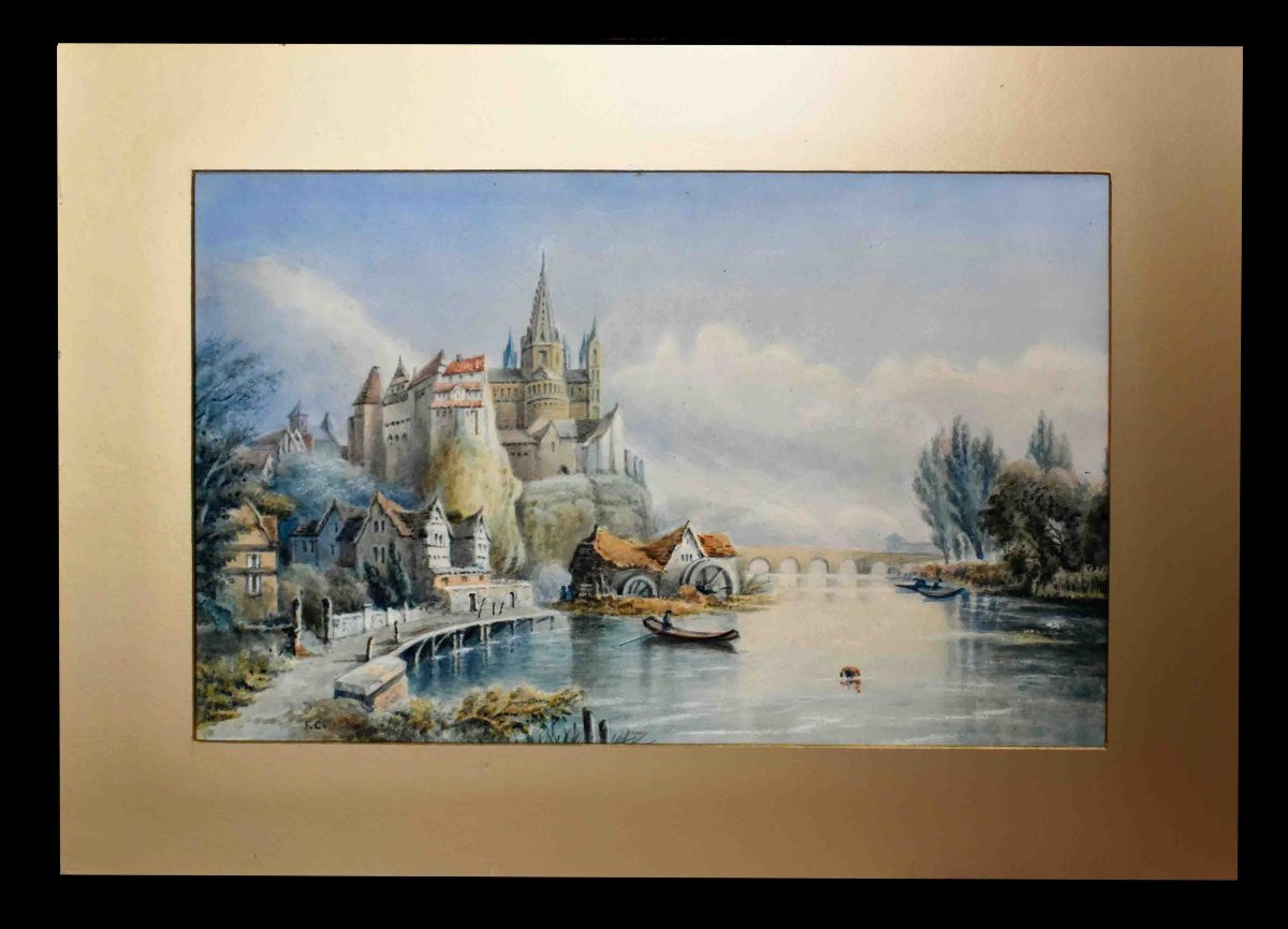 Watercolor, Architecturally Structured Landscape Monogrammed Fc, -photo-2