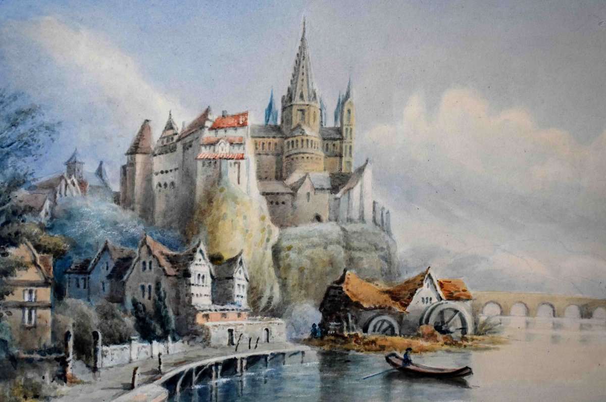 Watercolor, Architecturally Structured Landscape Monogrammed Fc, -photo-3