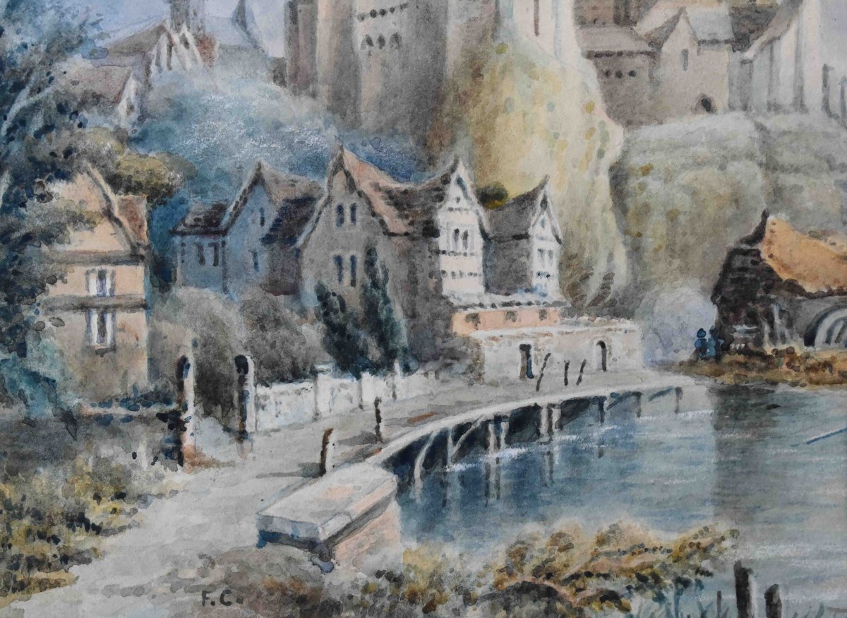 Watercolor, Architecturally Structured Landscape Monogrammed Fc, -photo-2