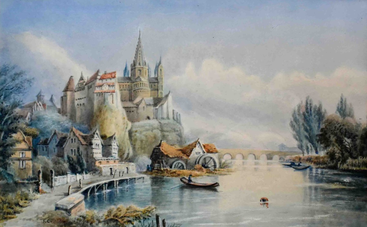 Watercolor, Architecturally Structured Landscape Monogrammed Fc, 