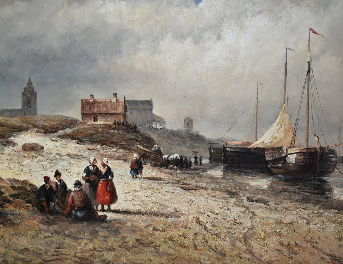 Large Landscape Painting Of Brittany, Lively Seaside Scene, Beach, People, Fishing Boats -photo-4