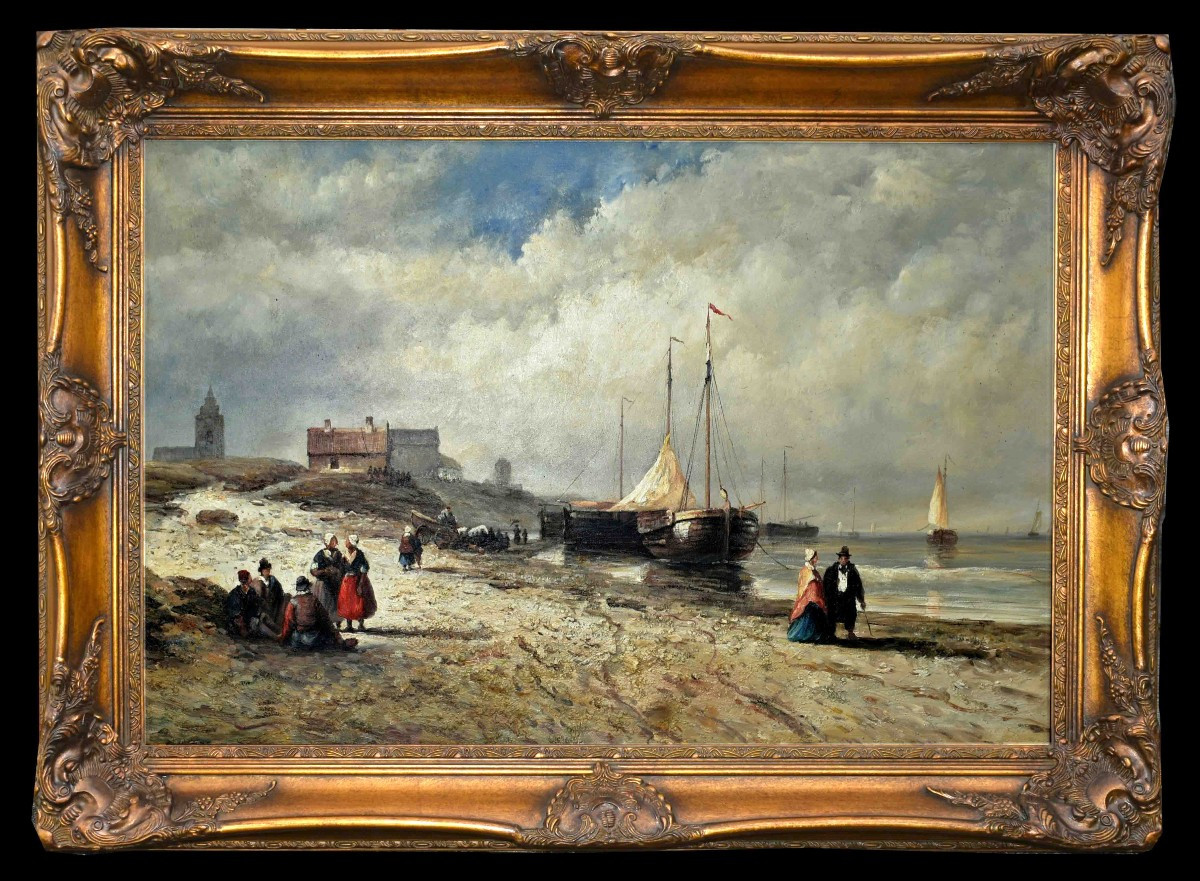 Large Landscape Painting Of Brittany, Lively Seaside Scene, Beach, People, Fishing Boats -photo-2