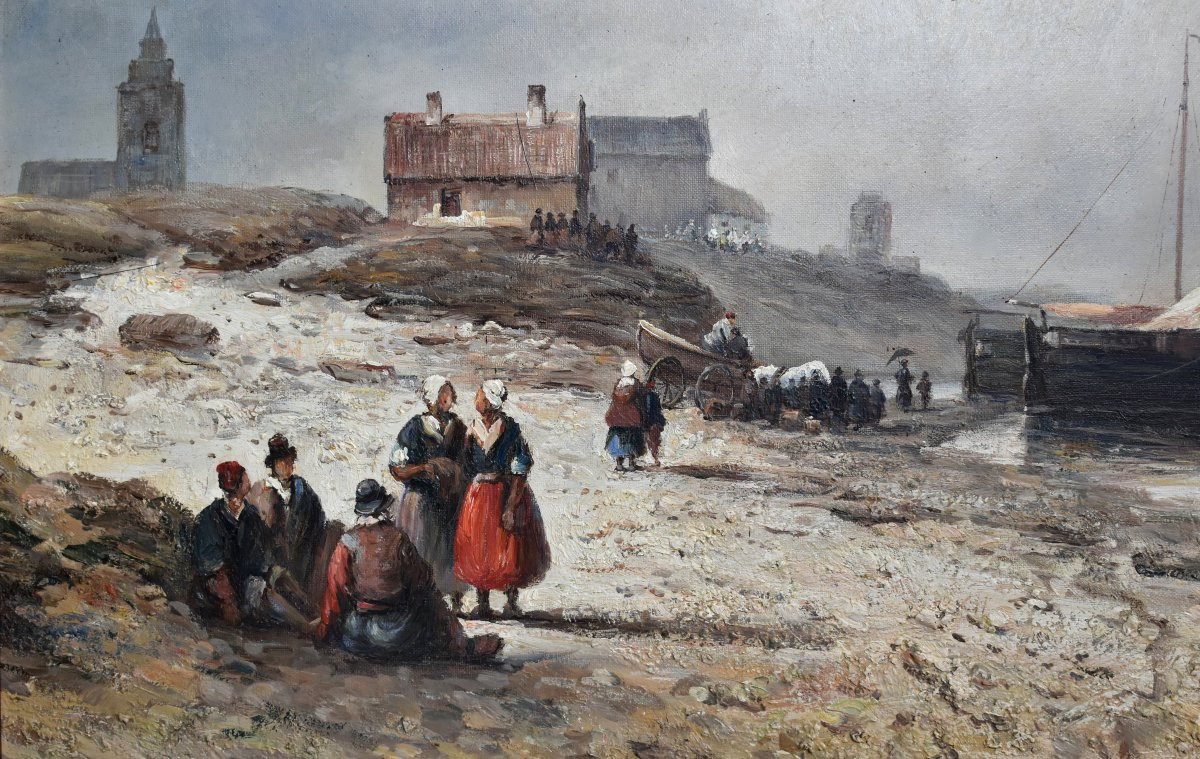 Large Landscape Painting Of Brittany, Lively Seaside Scene, Beach, People, Fishing Boats -photo-1