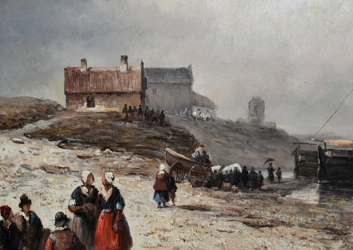 Large Landscape Painting Of Brittany, Lively Seaside Scene, Beach, People, Fishing Boats -photo-2