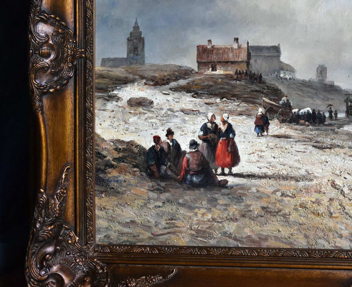 Large Landscape Painting Of Brittany, Lively Seaside Scene, Beach, People, Fishing Boats -photo-5