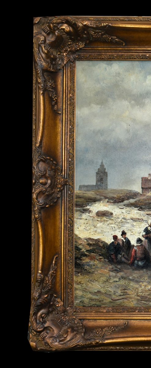 Large Landscape Painting Of Brittany, Lively Seaside Scene, Beach, People, Fishing Boats -photo-6