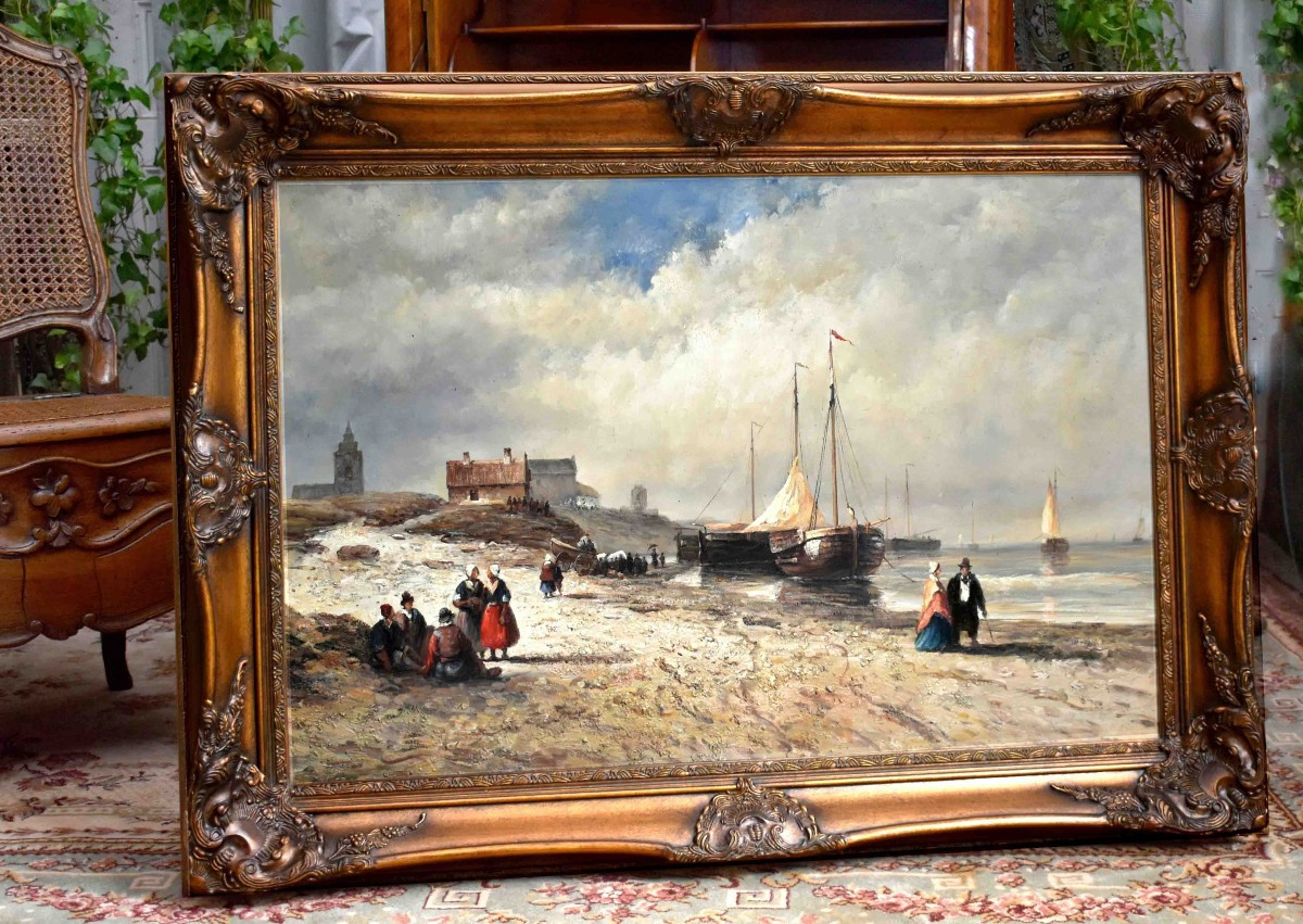 Large Landscape Painting Of Brittany, Lively Seaside Scene, Beach, People, Fishing Boats 