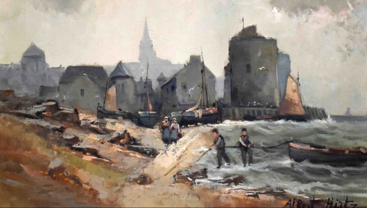Albert Hirtz. , paysage marine,  Retour De Pêche , petit port de Bretagne, Village Bord De Mer-photo-2