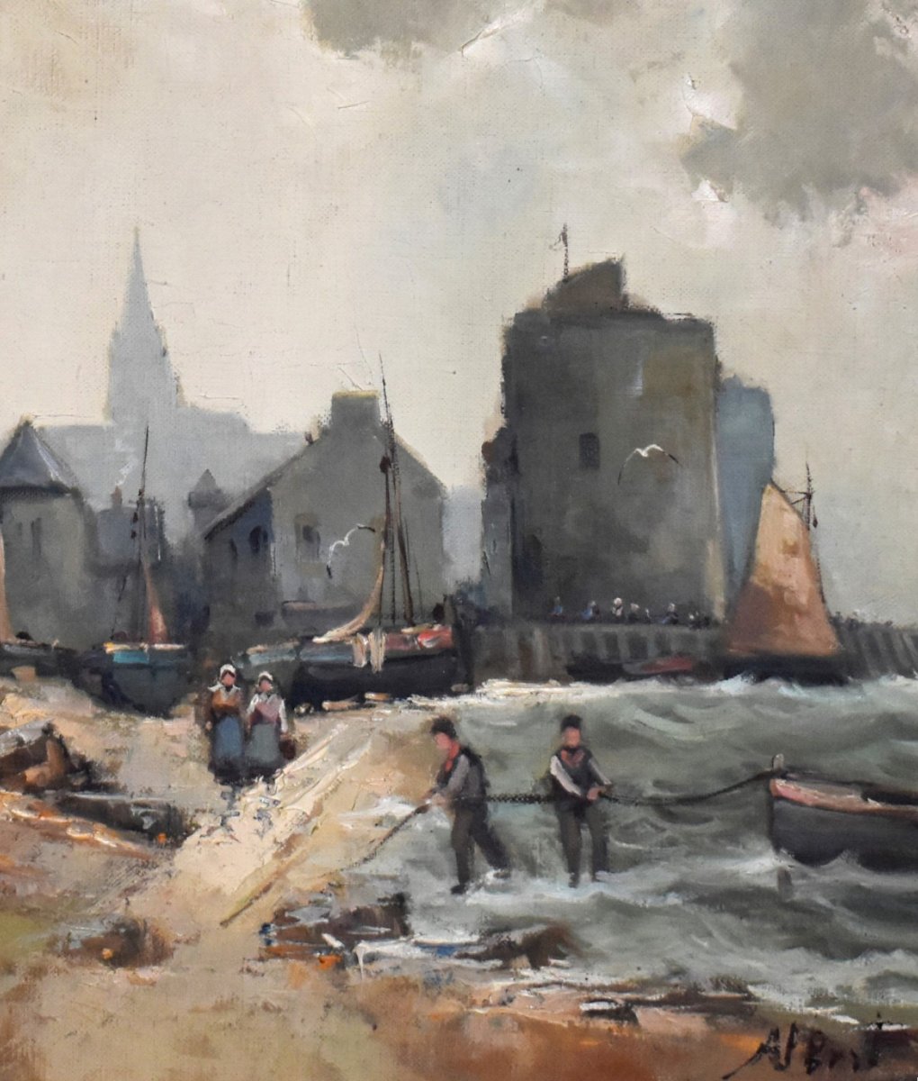 Albert Hirtz. , paysage marine,  Retour De Pêche , petit port de Bretagne, Village Bord De Mer-photo-1