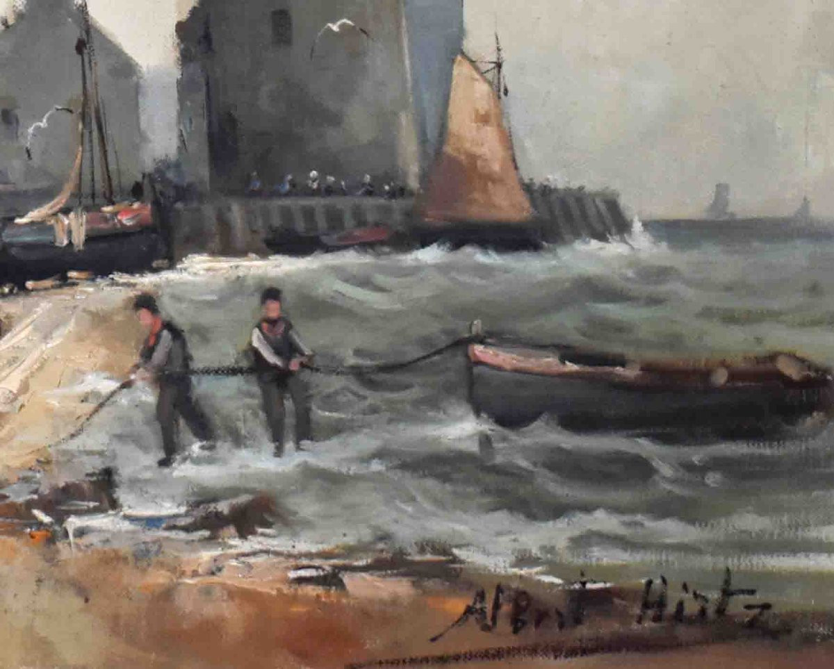 Albert Hirtz. , paysage marine,  Retour De Pêche , petit port de Bretagne, Village Bord De Mer-photo-2