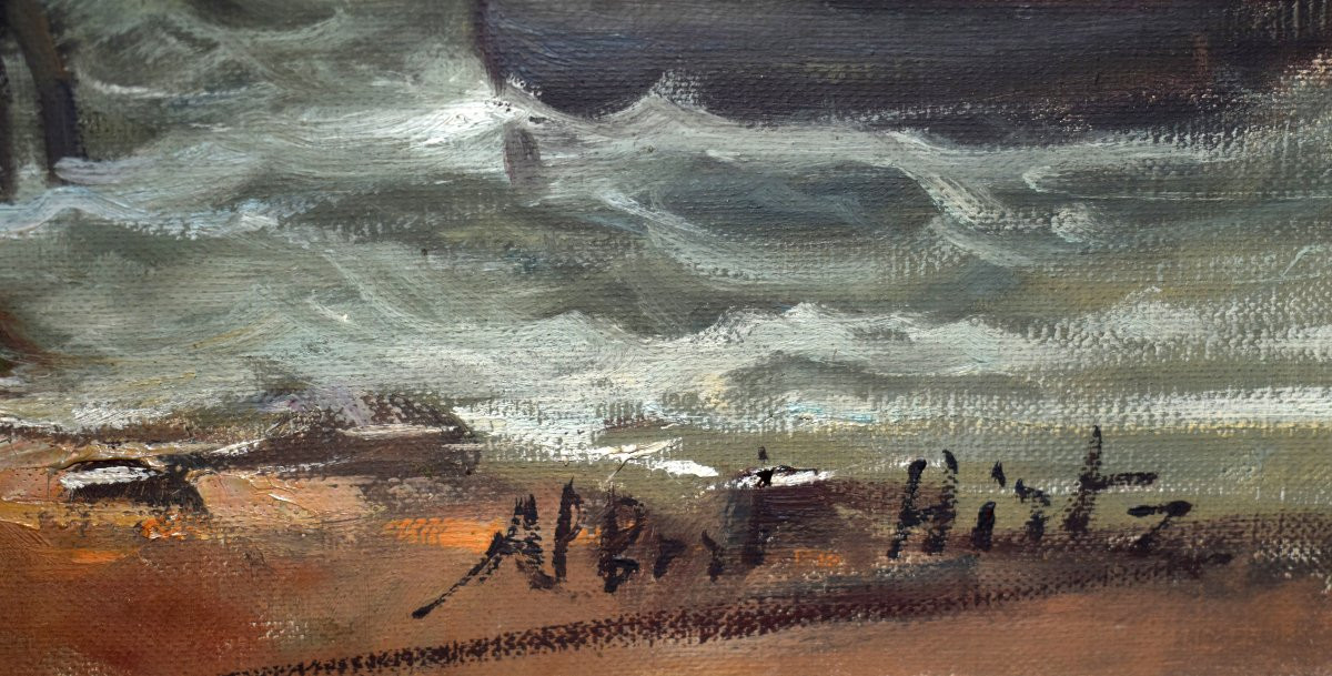 Albert Hirtz. , paysage marine,  Retour De Pêche , petit port de Bretagne, Village Bord De Mer-photo-4