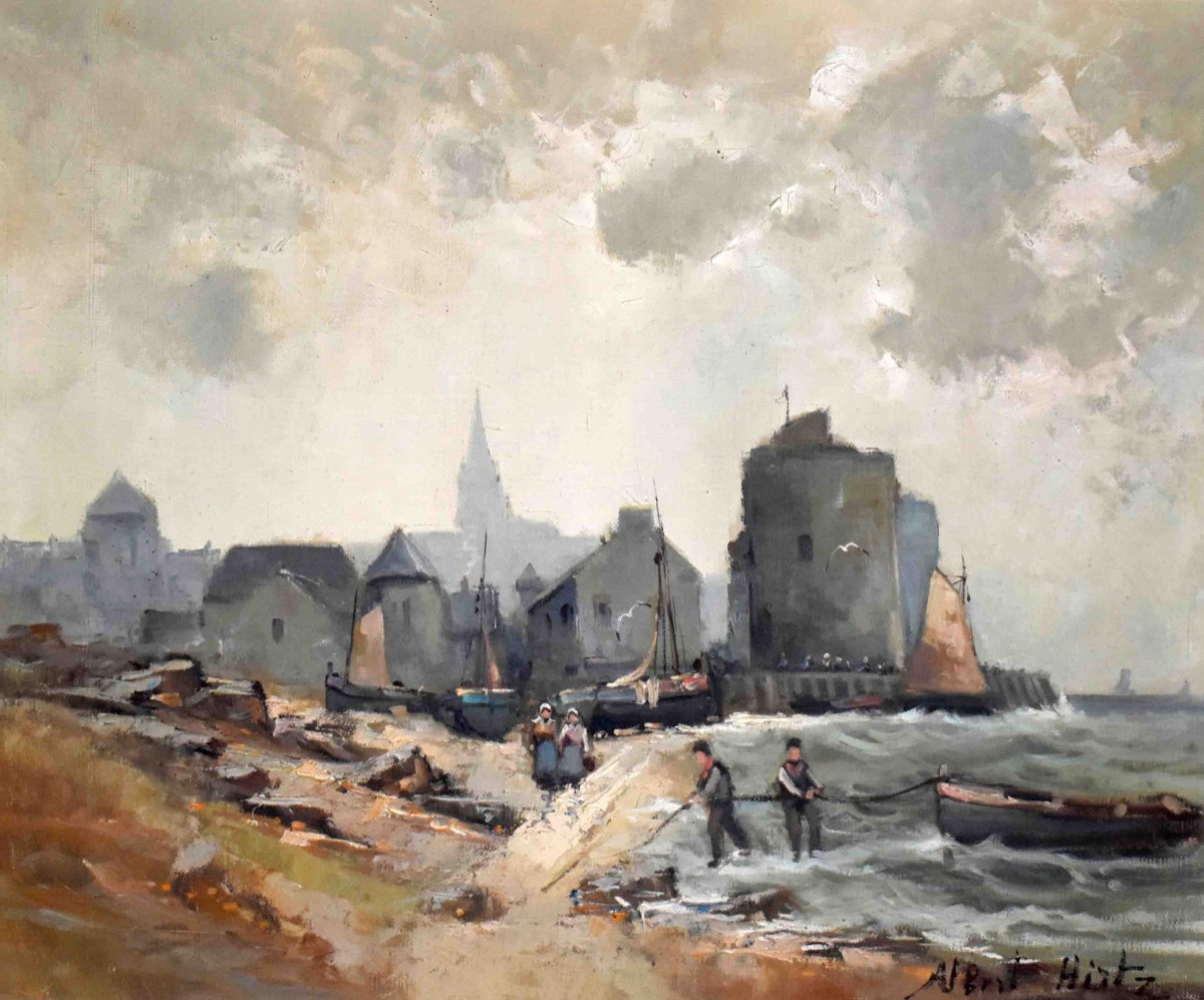 Albert Hirtz. , paysage marine,  Retour De Pêche , petit port de Bretagne, Village Bord De Mer