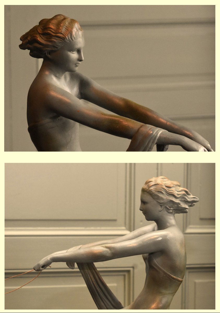 Ugo Cipriani, Statue Of A Young Woman With Greyhounds, Art Deco Terracotta Sculpture With A Green Patina-photo-5