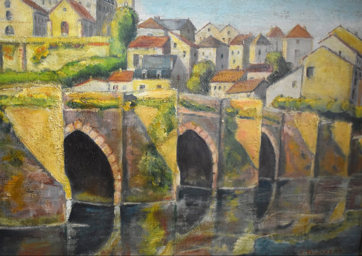R. Taillandier XIX - XX , Landscape Pont Saint Etienne In Limoges, Oil On Canvas Gilt Frame.-photo-3