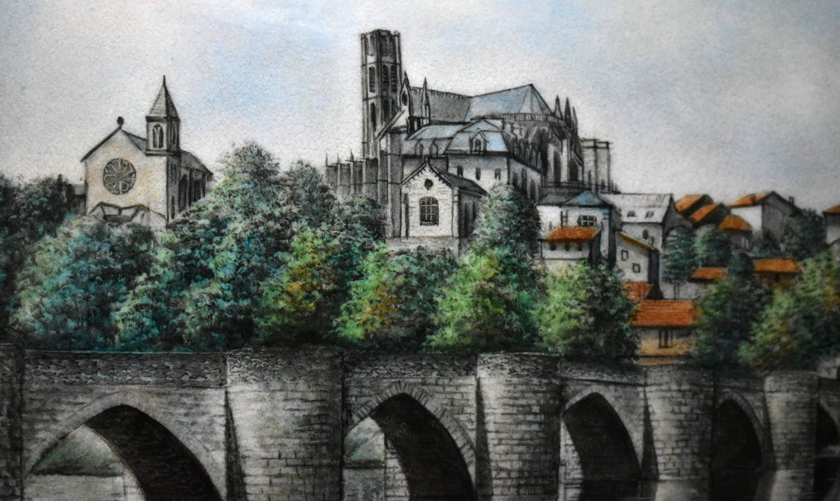 Pont Saint Etienne,  Quartier l' Abbessaille à  Limoges, émail Sur plaque Cuivre,  André Bureau-photo-3