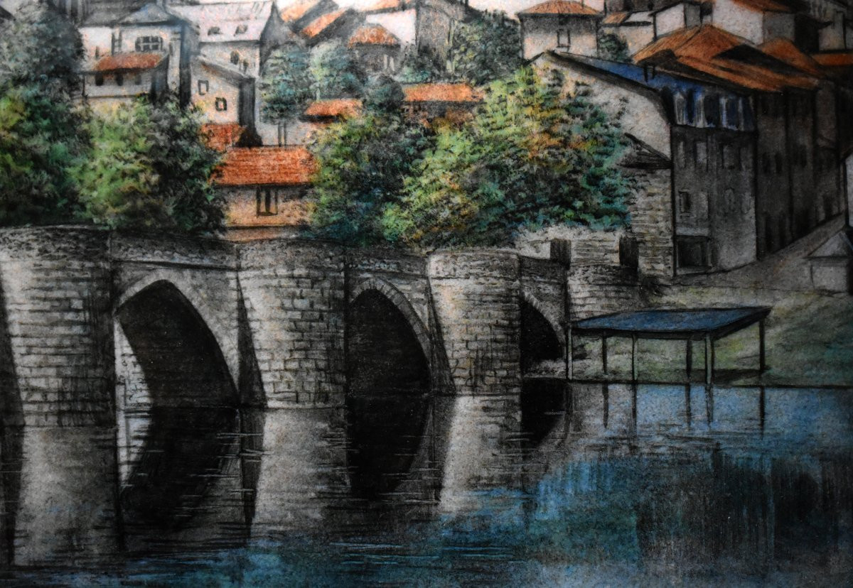 Pont Saint Etienne,  Quartier l' Abbessaille à  Limoges, émail Sur plaque Cuivre,  André Bureau-photo-4