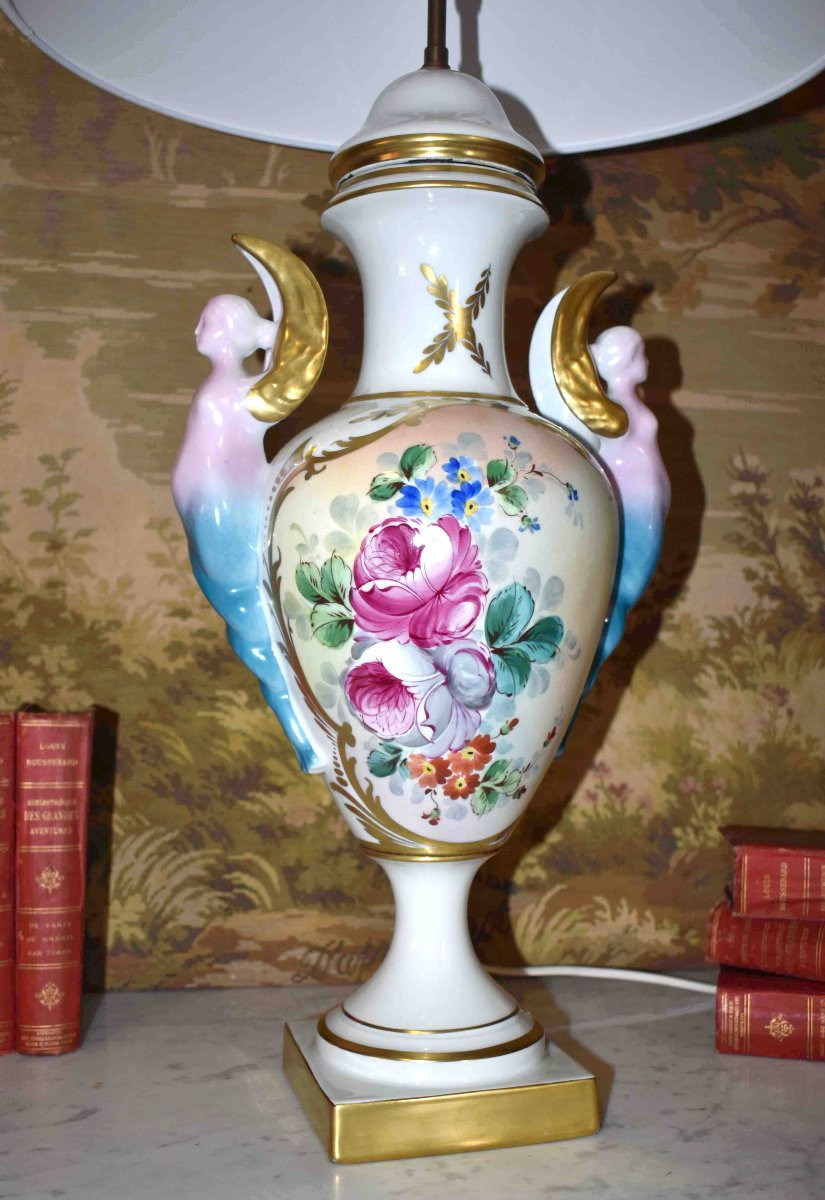 Large Limoges Porcelain Lamp Base, Hand-painted With A Floral Design, Bouquet Of Flowers-photo-4
