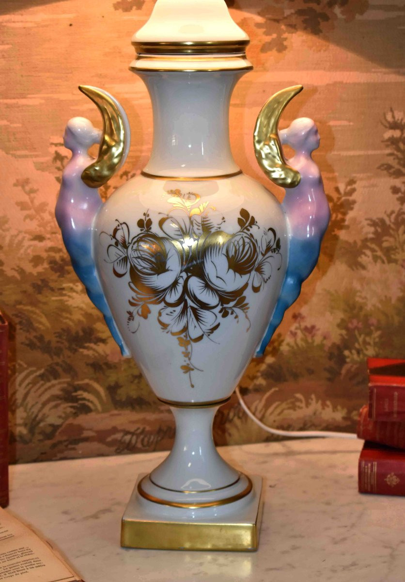 Large Limoges Porcelain Lamp Base, Hand-painted With A Floral Design, Bouquet Of Flowers-photo-1