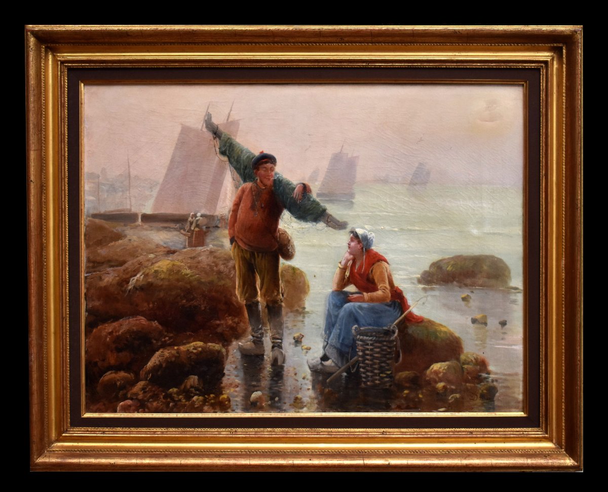 Teresa Durazzo Doria (1805-1895) 19th Century Pair Of Paintings Lively Scenes, Fishing At Low Tide. -photo-3